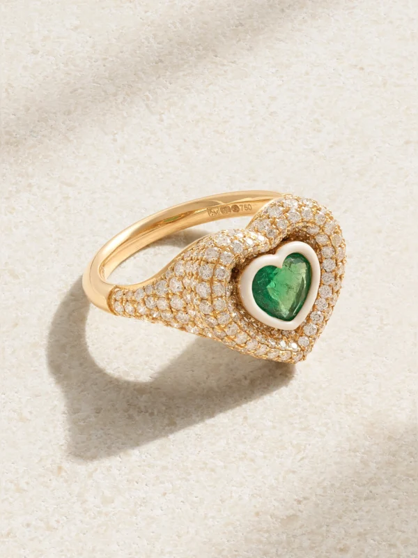 Kamyen 18-karat Gold, Enamel, Diamond and Emerald Ring