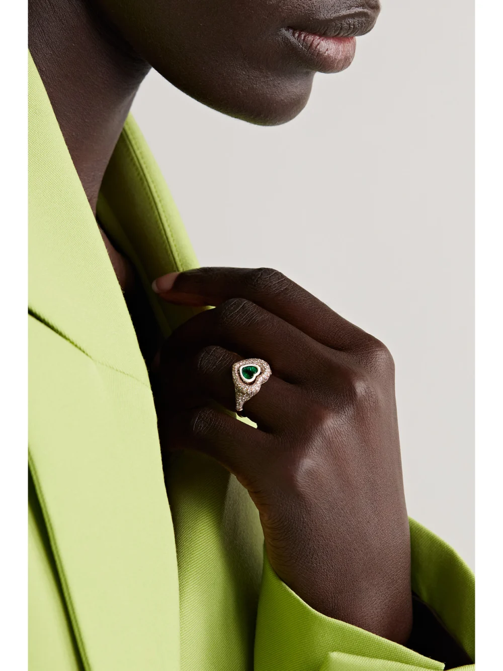 Kamyen 18-karat Gold, Enamel, Diamond and Emerald Ring, styled view