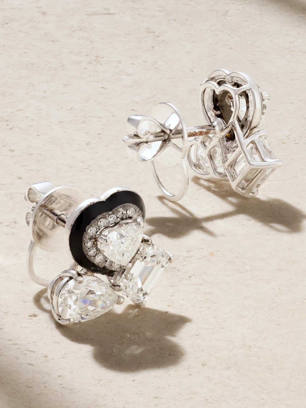 Close-up detail of the Kamyen 18-karat White Gold, Diamond and Enamel Earrings
