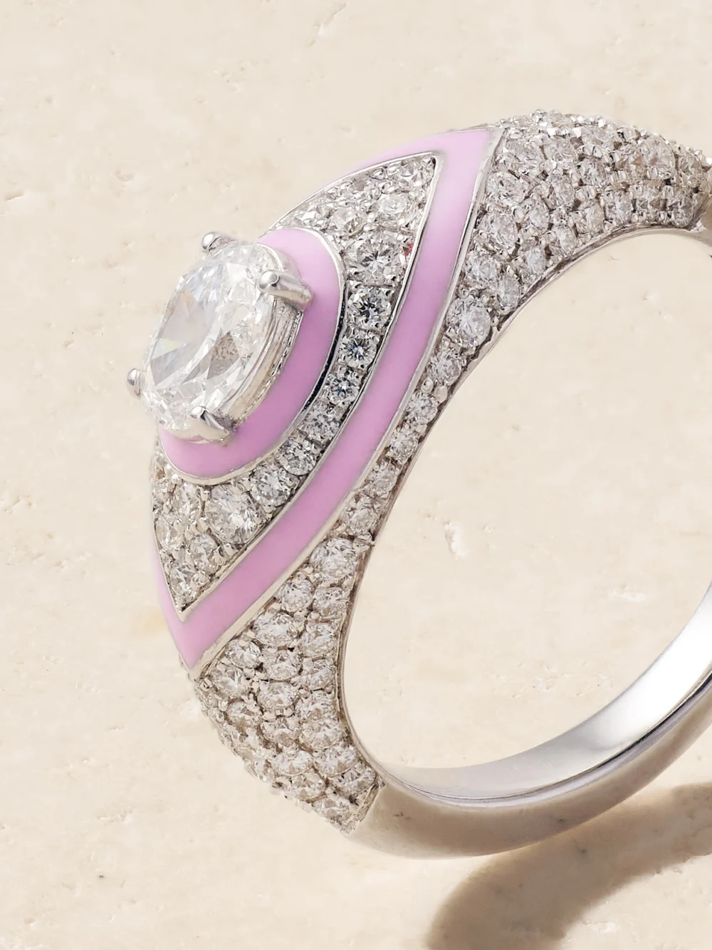 Close-up detail of the Kamyen 18-karat White Gold, Diamond and Enamel Pinky Ring