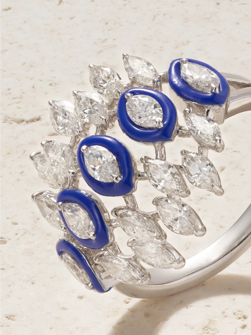 Close-up detail of the Kamyen 18-karat White Gold, Diamond and Enamel Ring