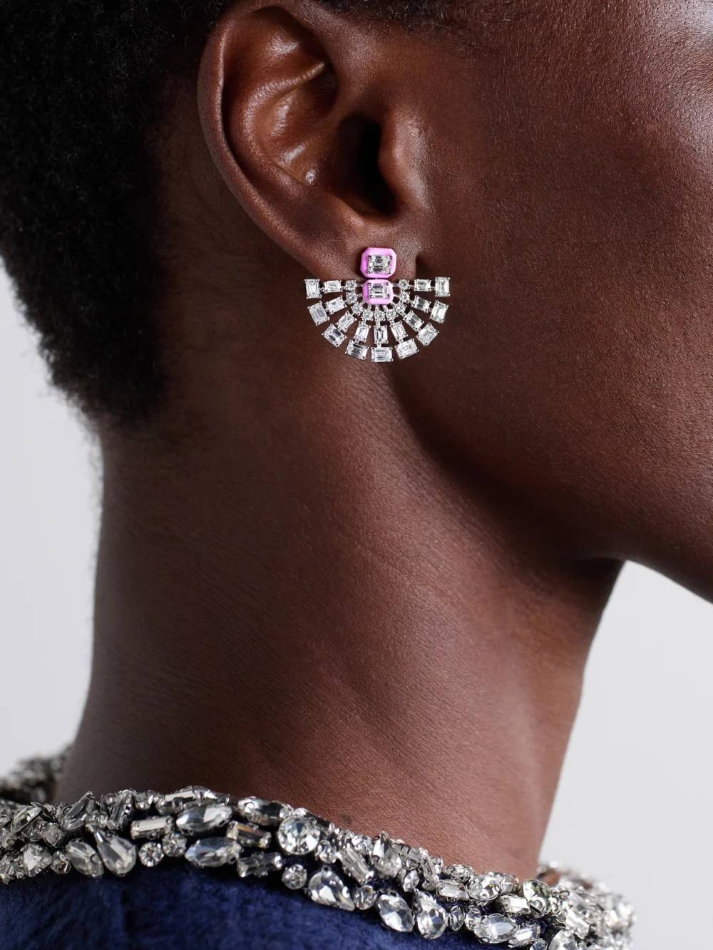 Kamyen Fan 18-karat White Gold, Diamond and Enamel Earrings, styled view