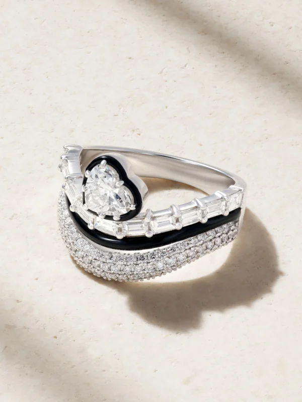 Kamyen Heart 18-karat White Gold, Diamond and Enamel Ring