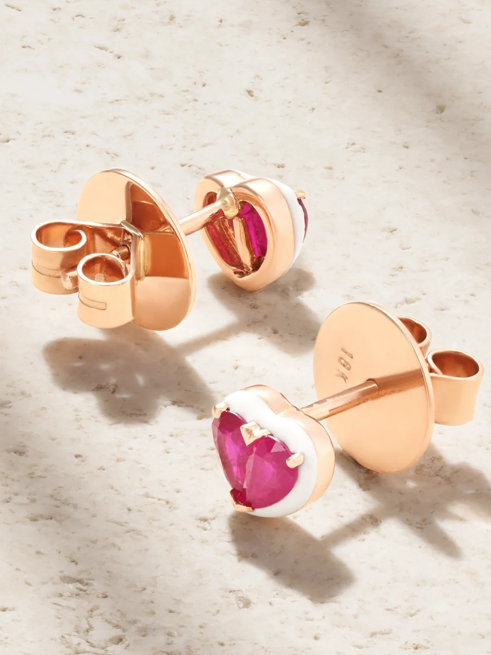 Close-up detail of the Kamyen Heartbeats 18-karat Rose Gold, Ruby and Enamel Earrings