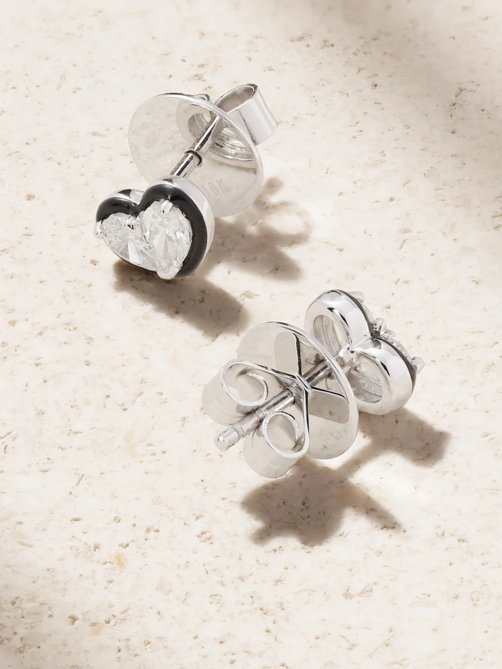 Close-up detail of the Kamyen Heartbeats 18-karat White Gold, Diamond and Enamel Earrings