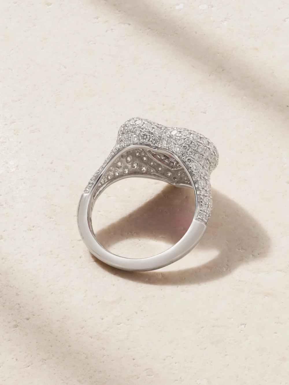 Back view of the Kamyen Manaal 2.0 18-karat White Gold, Diamond, Ruby and Enamel Ring