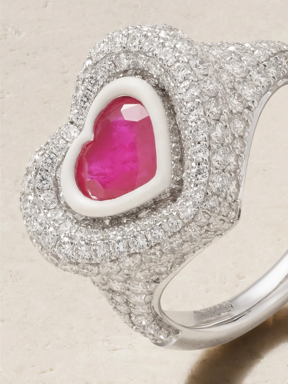 Close-up detail of the Kamyen Manaal 2.0 18-karat White Gold, Diamond, Ruby and Enamel Ring