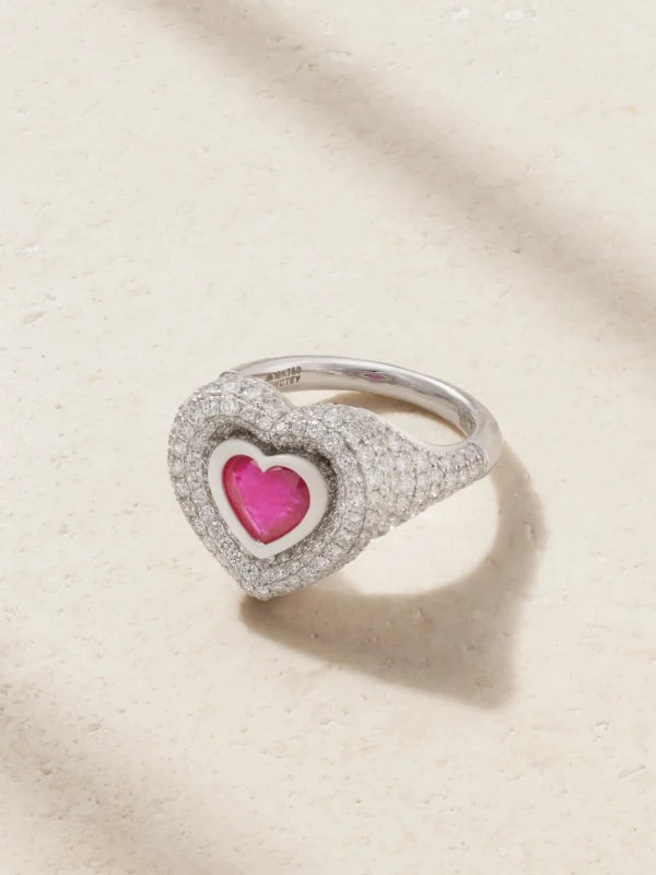 Kamyen Manaal 2.0 18-karat White Gold, Diamond, Ruby and Enamel Ring