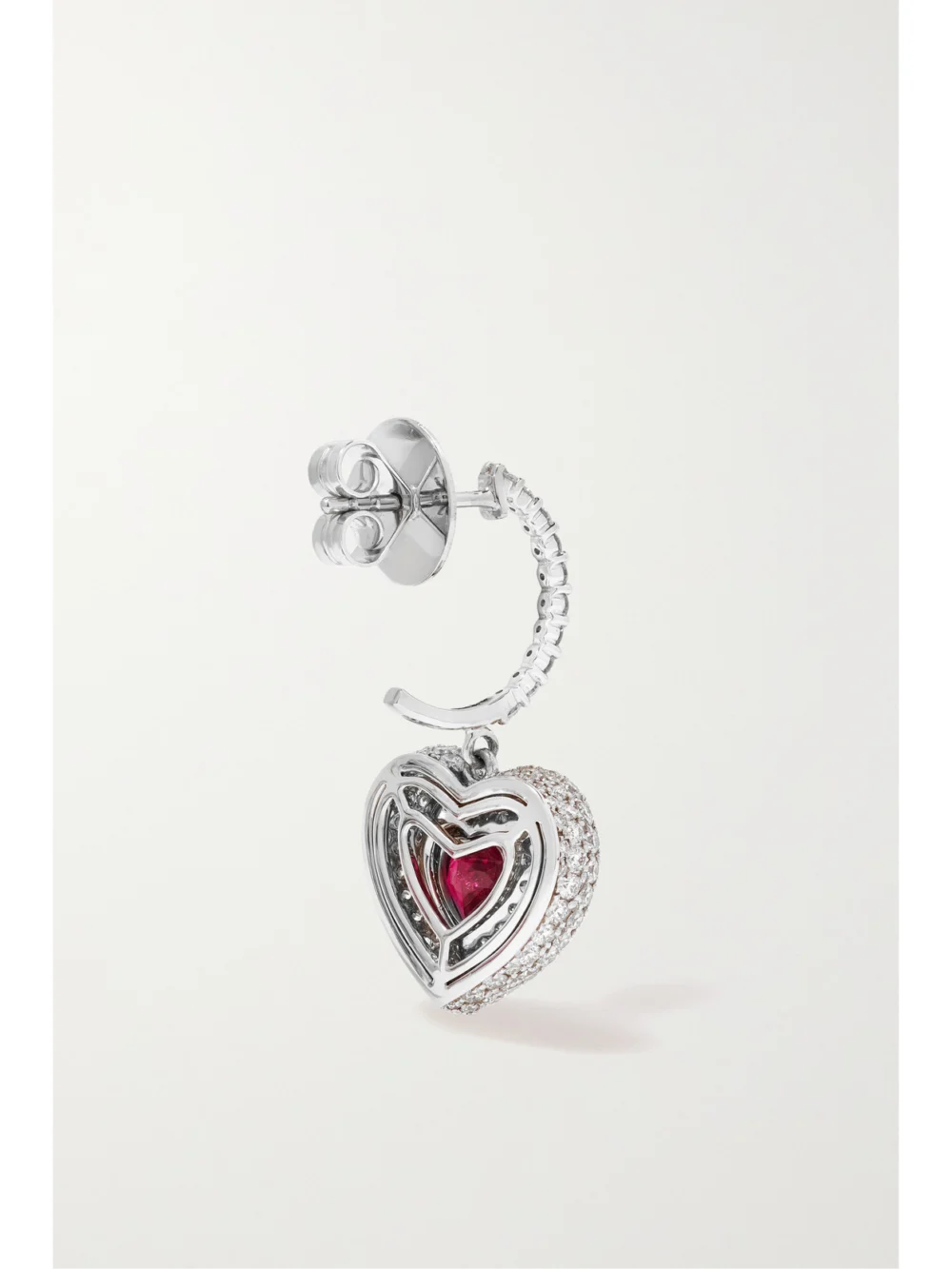 Back view of the Kamyen Manaal Heart 18-karat White Gold, Enamel, Ruby and Diamond Earrings