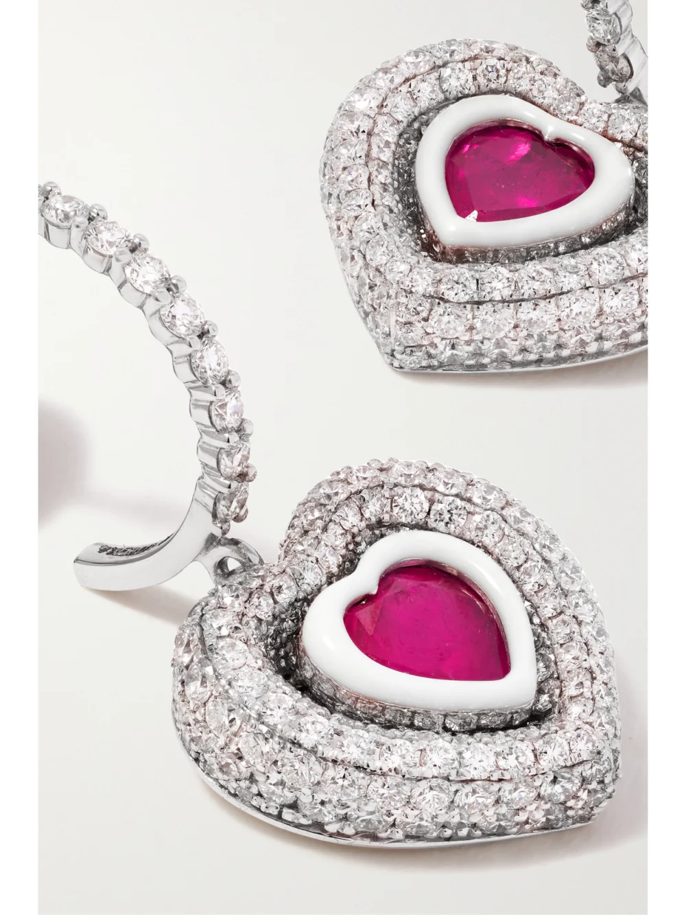 Close-up detail of the Kamyen Manaal Heart 18-karat White Gold, Enamel, Ruby and Diamond Earrings
