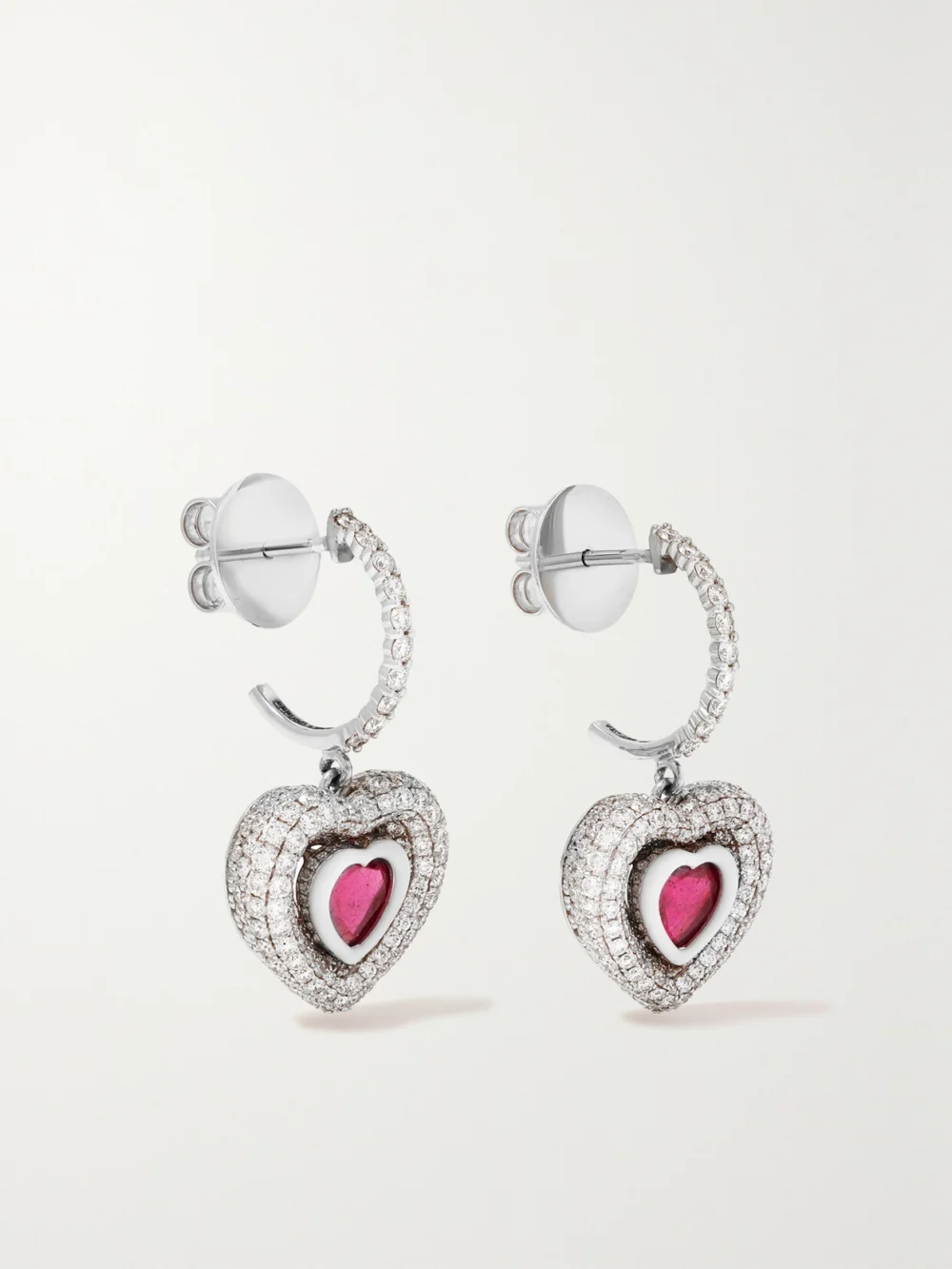 Kamyen Manaal Heart 18-karat White Gold, Enamel, Ruby and Diamond Earrings