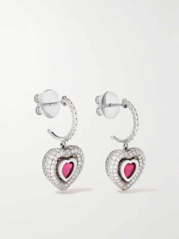 Kamyen Manaal Heart 18-karat White Gold, Enamel, Ruby and Diamond Earrings