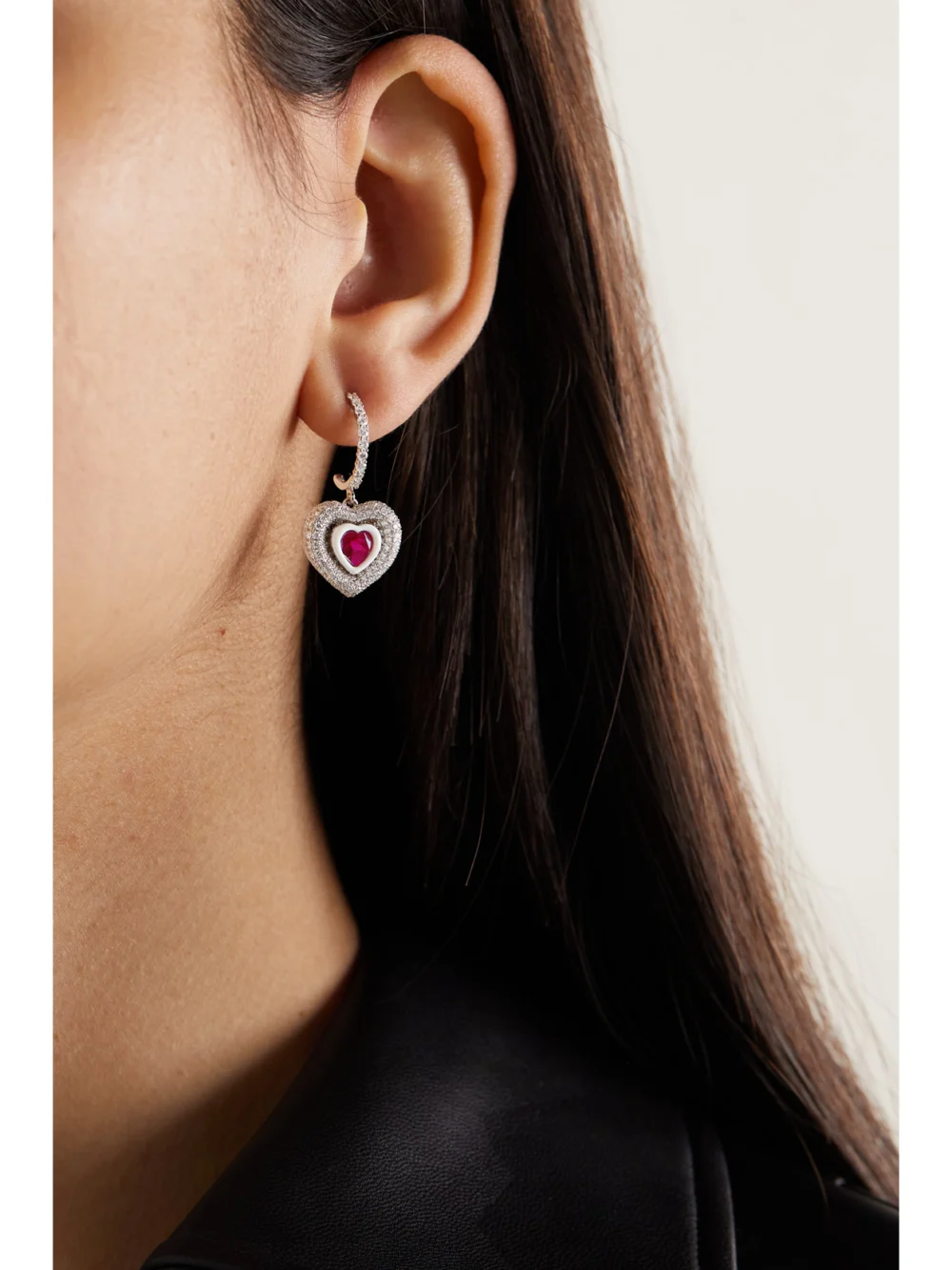 Kamyen Manaal Heart 18-karat White Gold, Enamel, Ruby and Diamond Earrings, styled view
