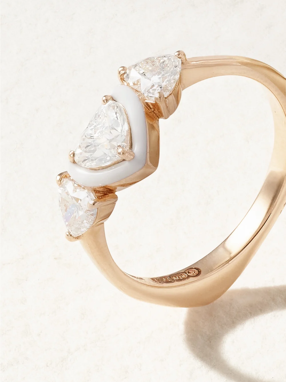 Close-up detail of the Kamyen Trio Heart 18-karat Rose Gold, Diamond and Enamel Pinky Ring