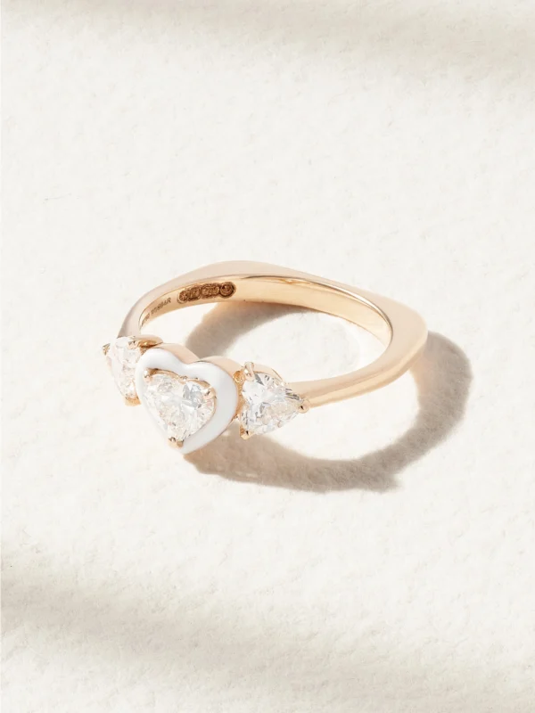 Kamyen Trio Heart 18-karat Rose Gold, Diamond and Enamel Pinky Ring