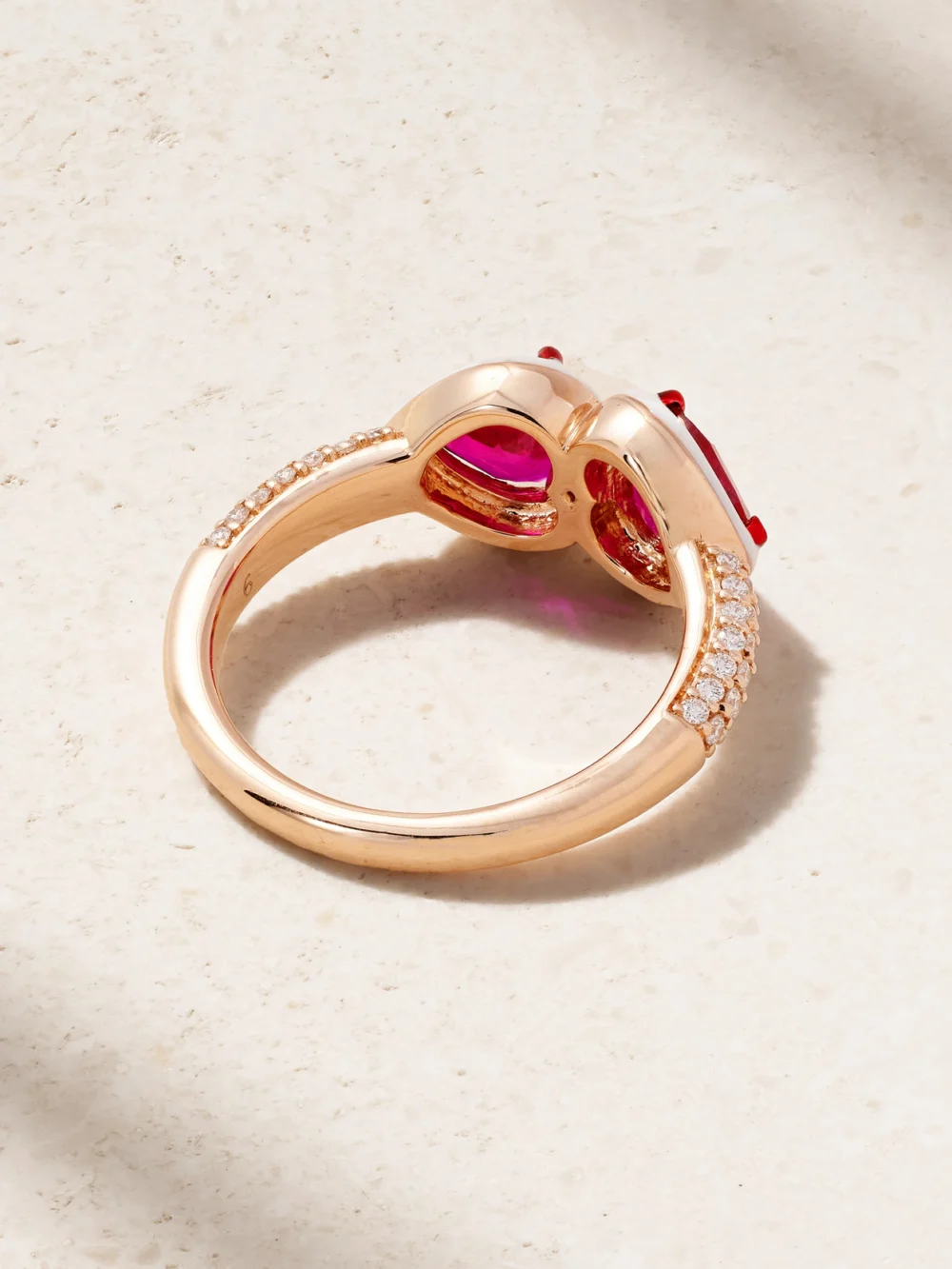 Back view of the Kamyen Twin Heart 18-karat Rose Gold, Ruby, Diamond and Enamel Ring
