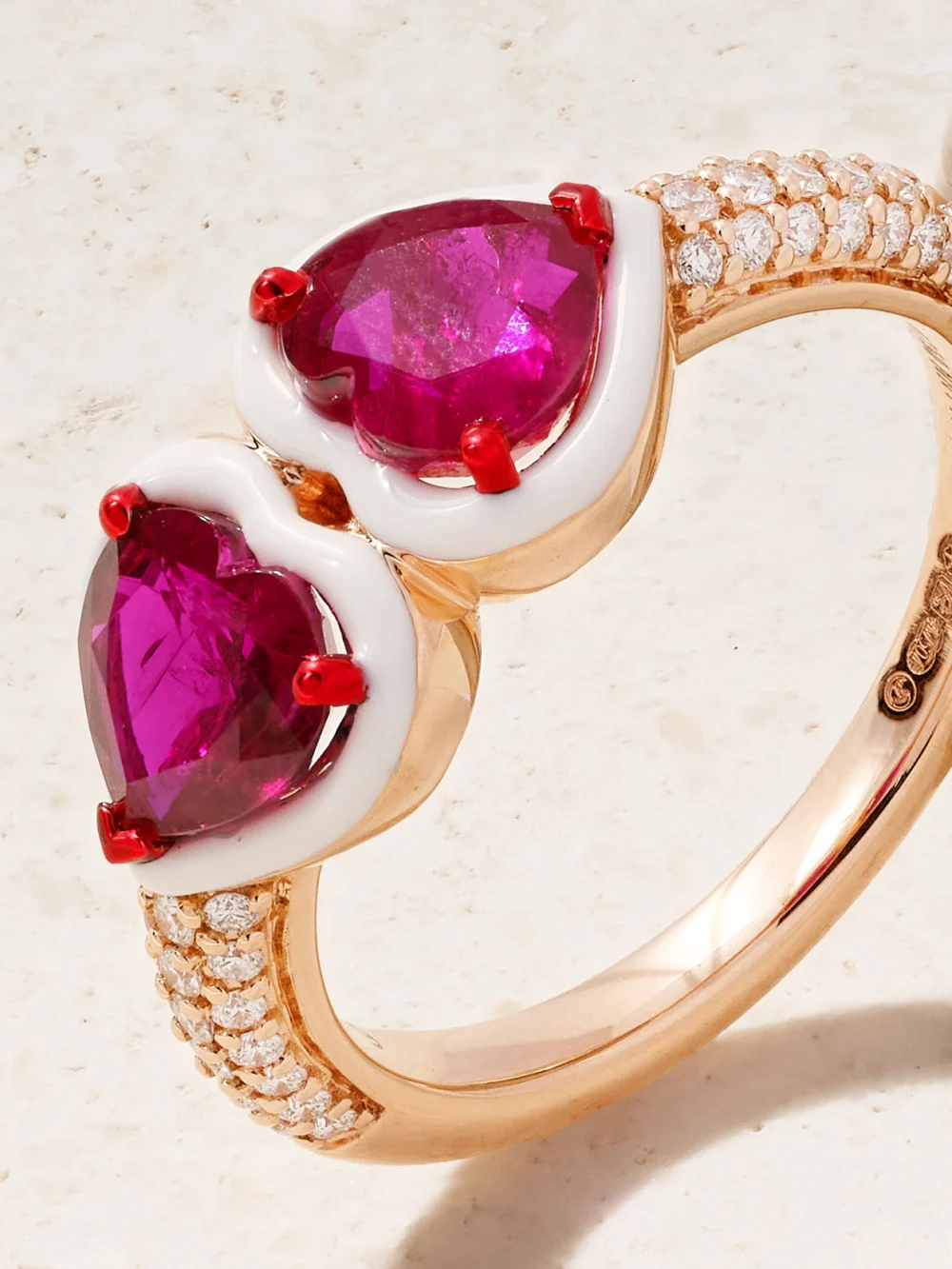 Close-up detail of the Kamyen Twin Heart 18-karat Rose Gold, Ruby, Diamond and Enamel Ring