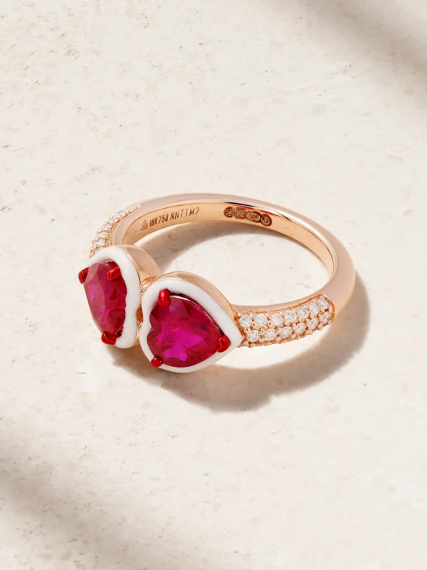 Kamyen Twin Heart 18-karat Rose Gold, Ruby, Diamond and Enamel Ring