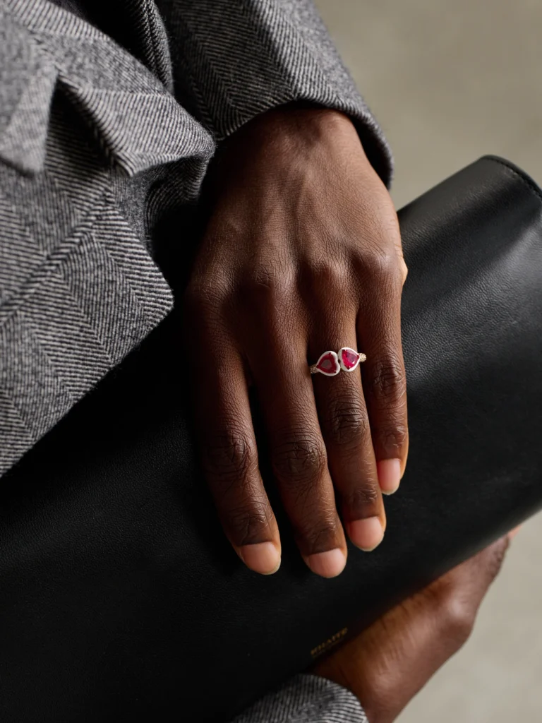 Kamyen Twin Heart 18-karat Rose Gold, Ruby, Diamond and Enamel Ring