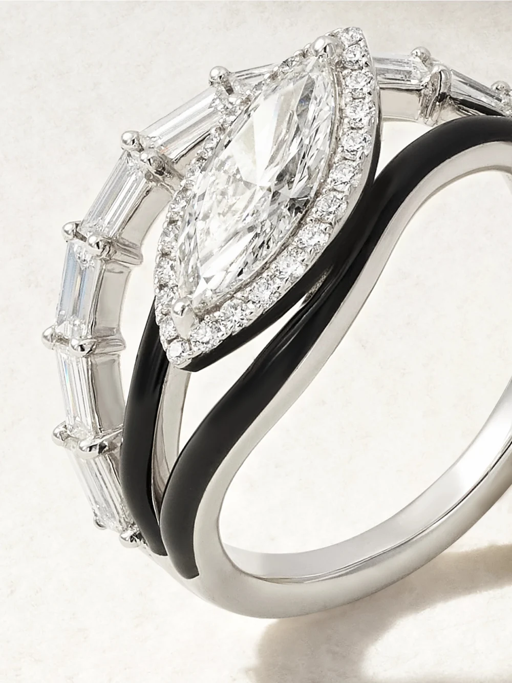 Close-up detail of the Kamyen Wave 18-karat White Gold, Diamond and Enamel Ring