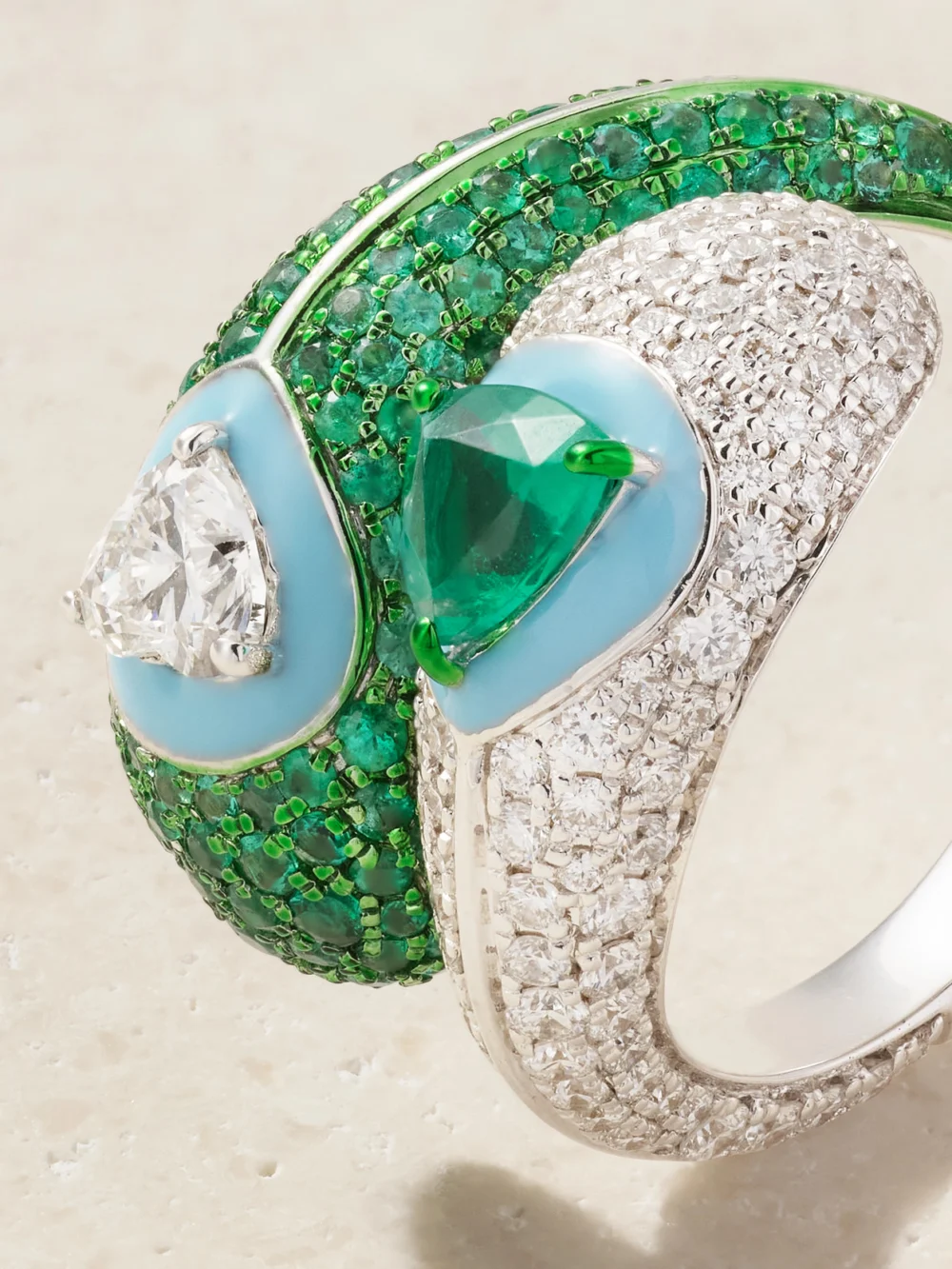 Close-up detail of the Kamyen Yin Yang 18-karat White Gold Emerald, Diamond and Enamel Ring