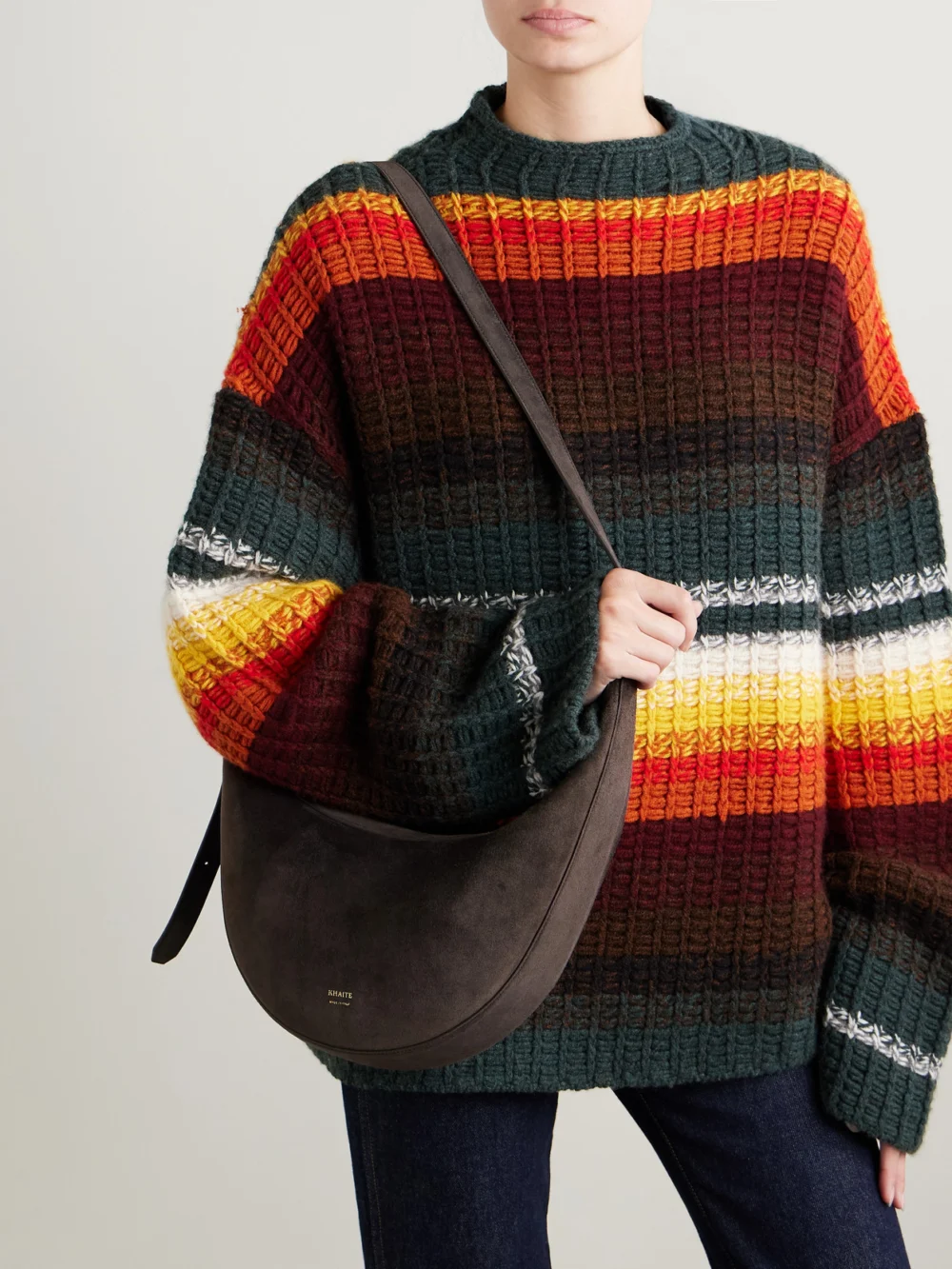 Khaite Augustina Small Suede Shoulder Bag, styled view