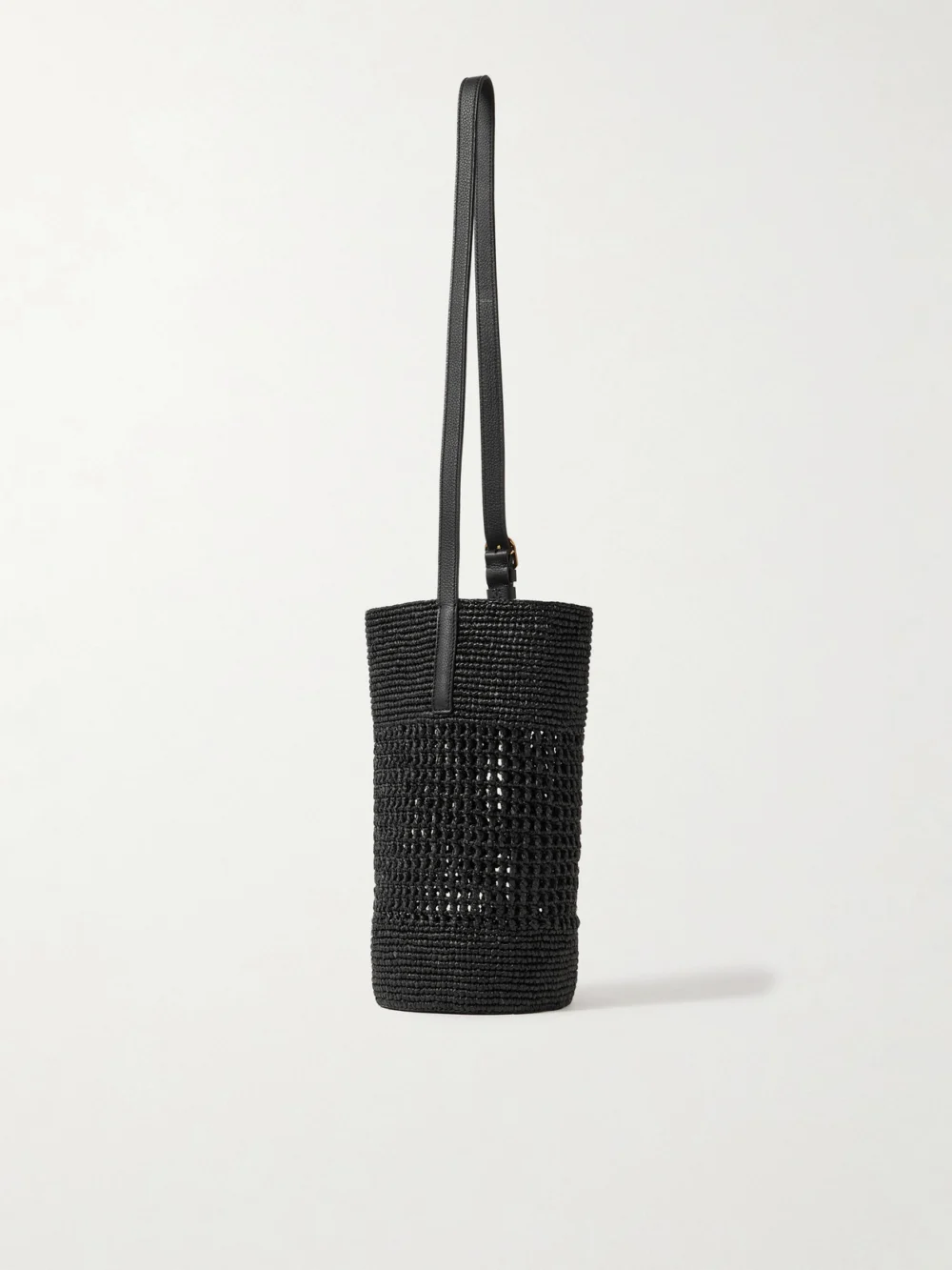Back view of the Khaite Billie Leather-trimmed Raffia Bucket Bag