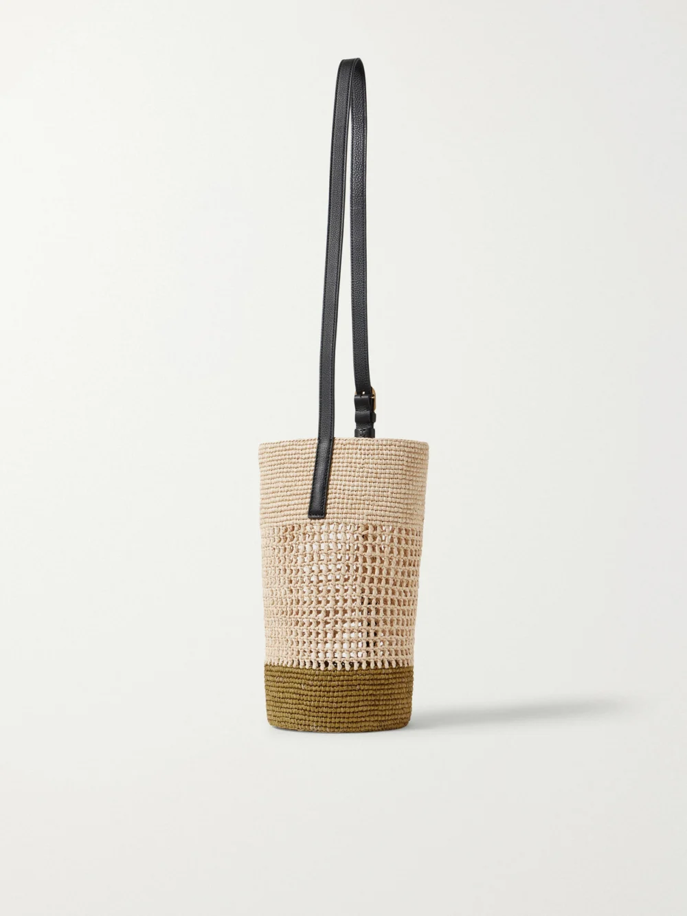 Back view of the Khaite Billie Leather-trimmed Two-tone Raffia Bucket Bag