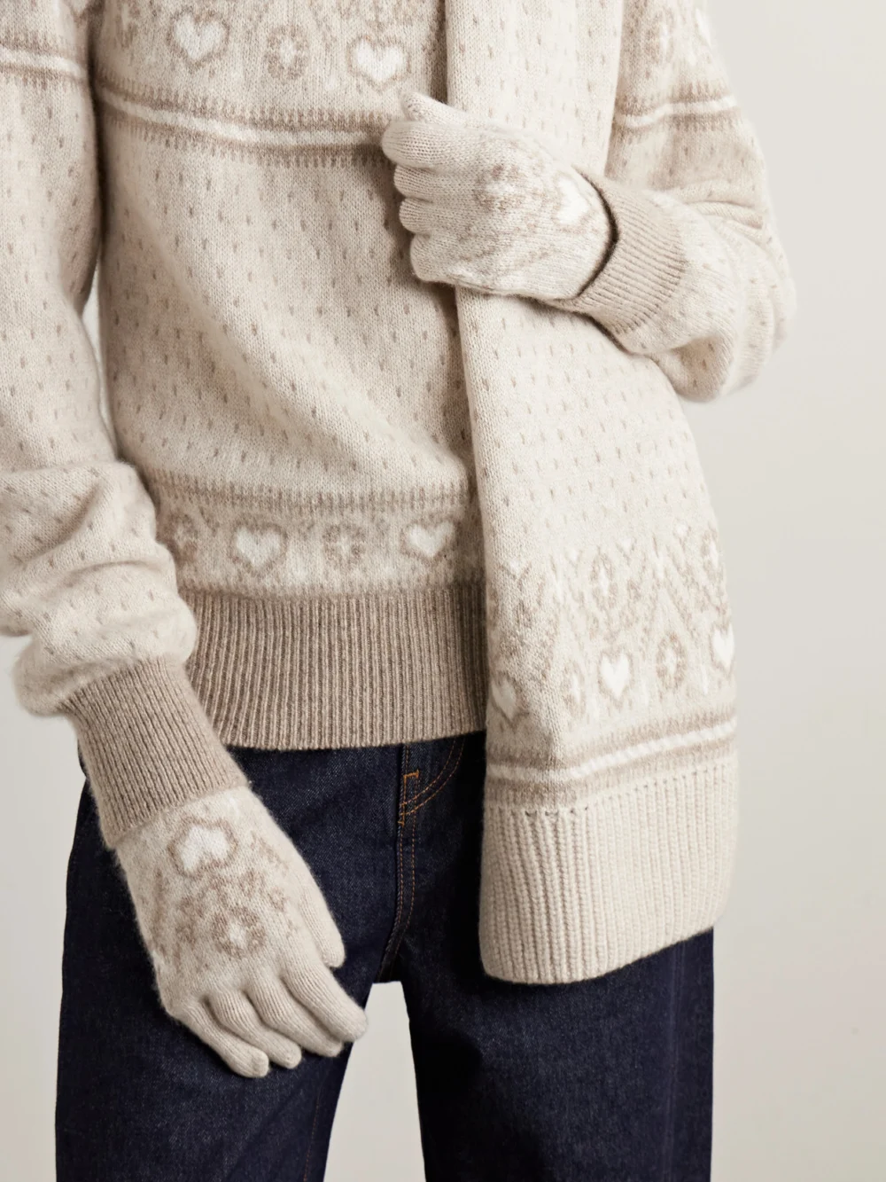 Khaite Domini Fair Isle Cashmere Gloves, styled view