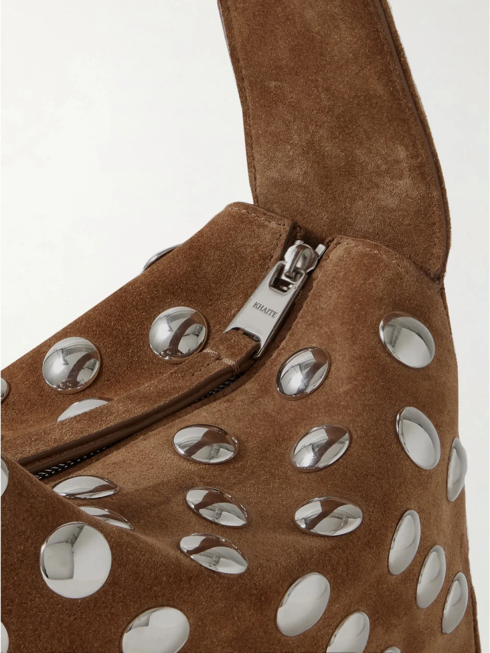 Close-up detail of the Khaite Elena Small Studded Suede Shoulder Bag