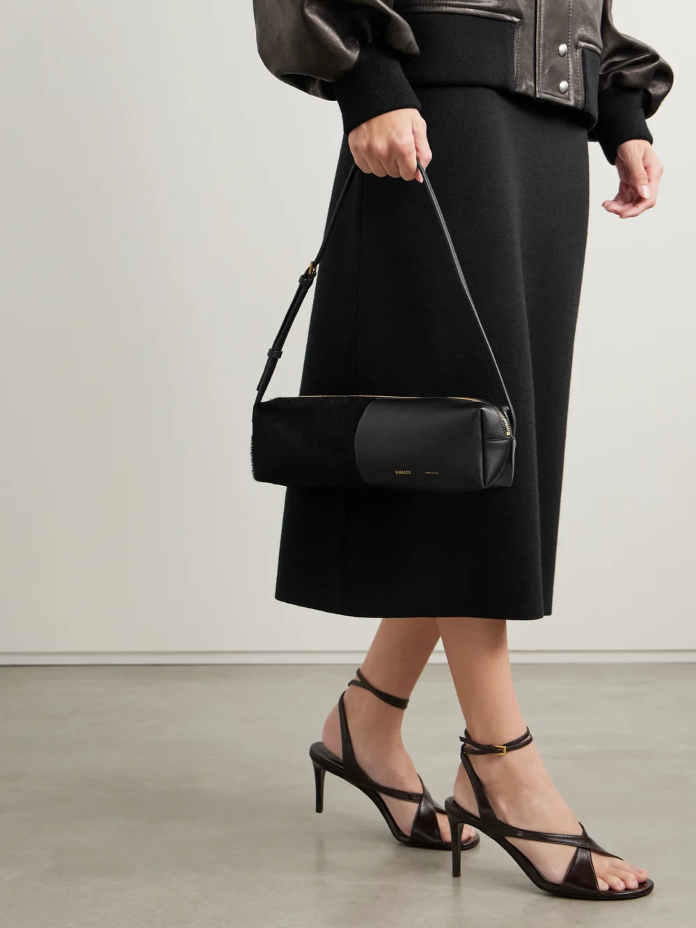 Khaite Kye Calf Hair and Leather Shoulder Bag, styled view