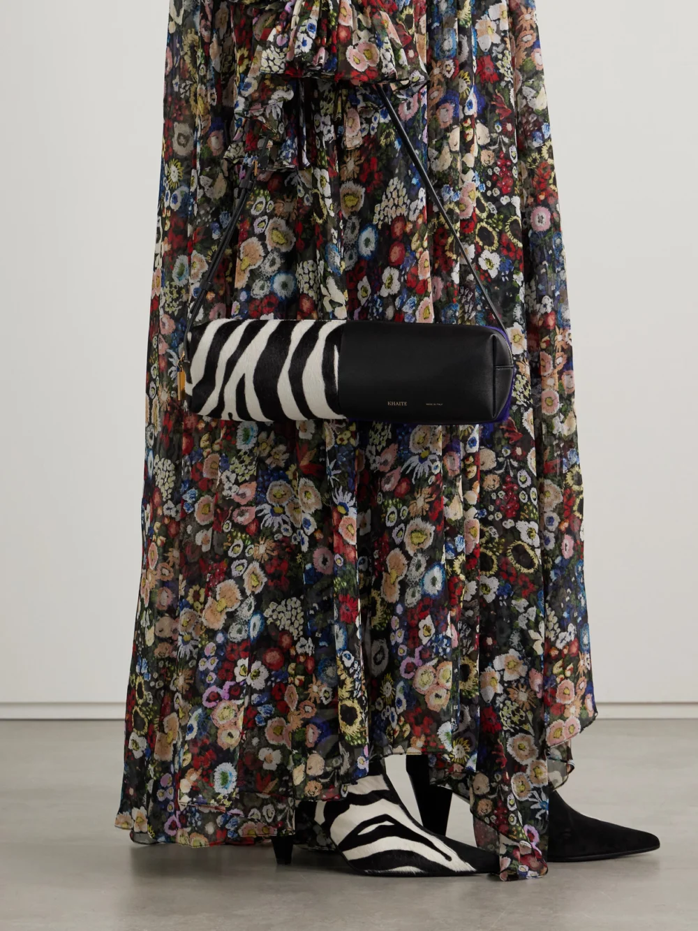 Khaite Kye Zebra-print Calf Hair and Leather Shoulder Bag, styled view