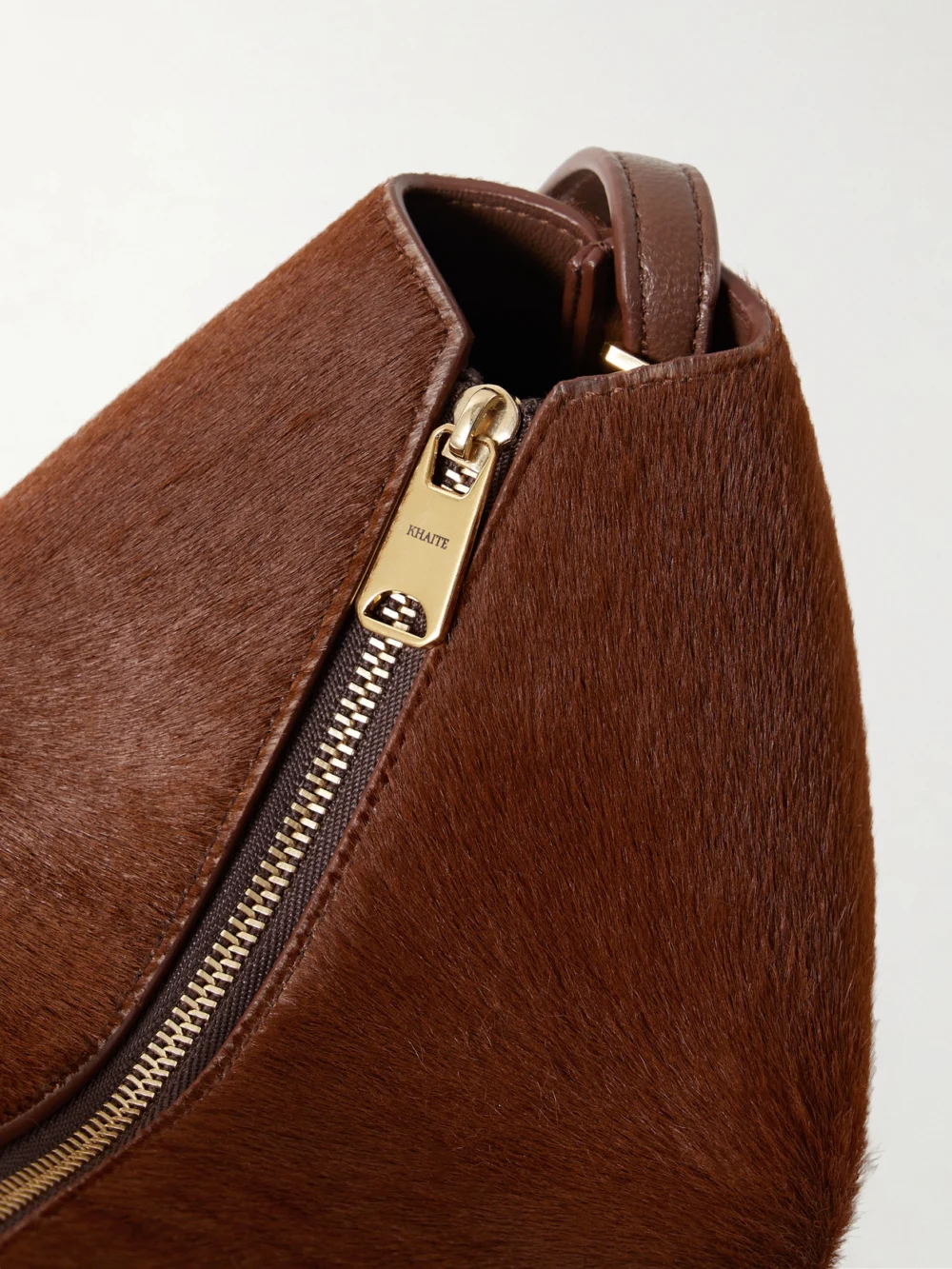 Close-up detail of the Khaite Lina Medium Calf Hair Shoulder Bag