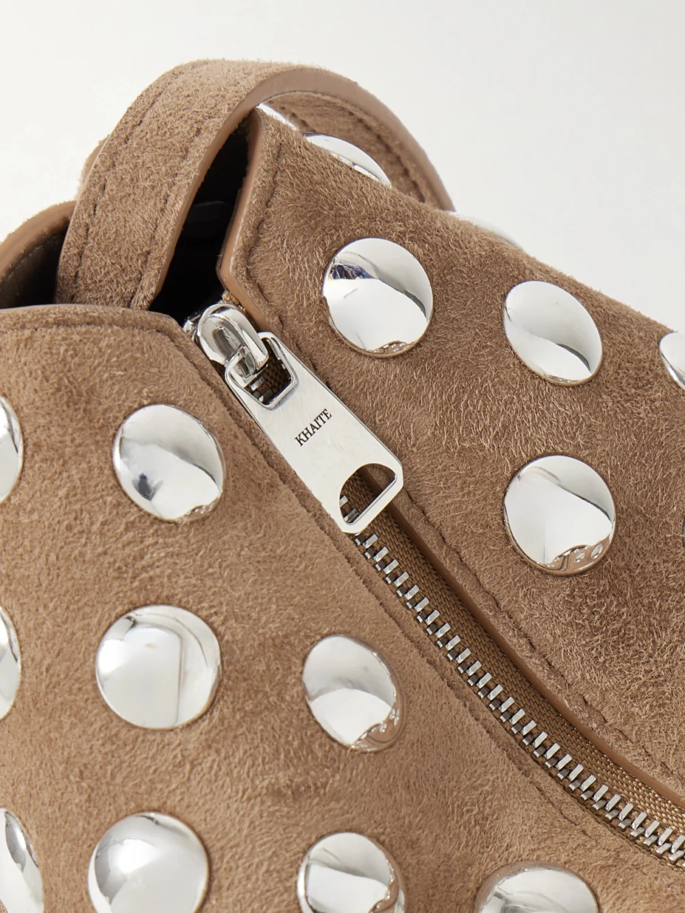 Close-up detail of the Khaite Lina Medium Studded Suede Shoulder Bag