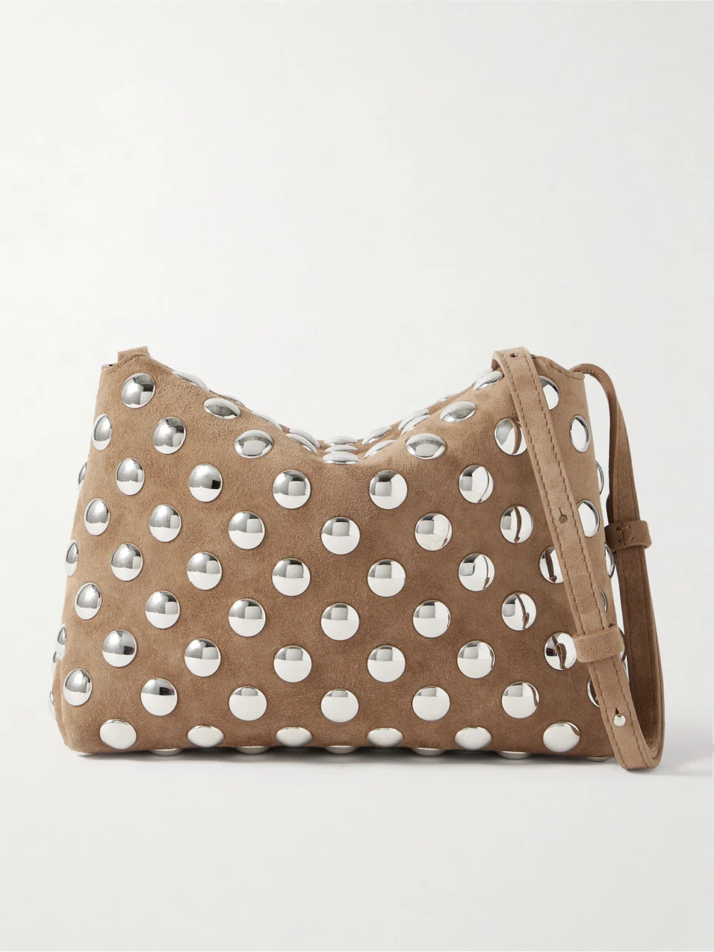 Khaite Lina Medium Studded Suede Shoulder Bag in beige