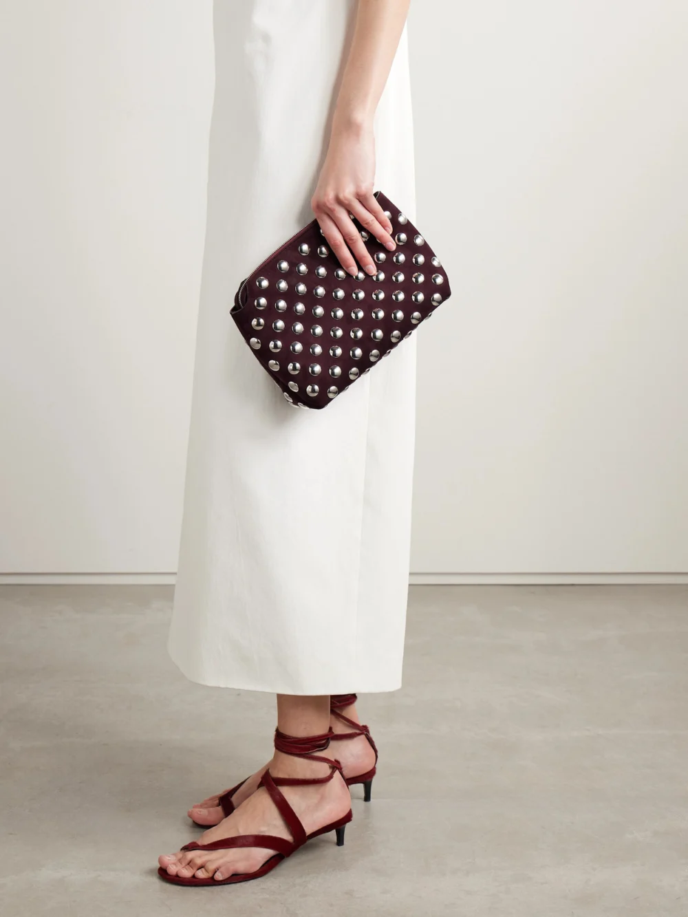 Khaite Lina Medium Studded Suede Shoulder Bag, styled view