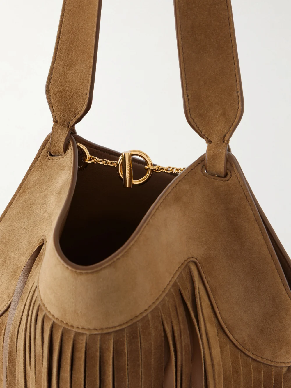 Close-up detail of the Khaite Lotus Fringed Leather Tote