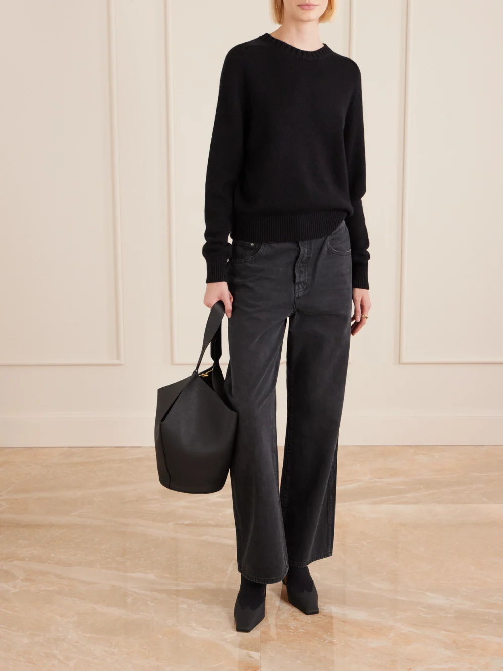 Khaite Nevada Leather-trimmed Stretch-knit Ankle Boots, styled view