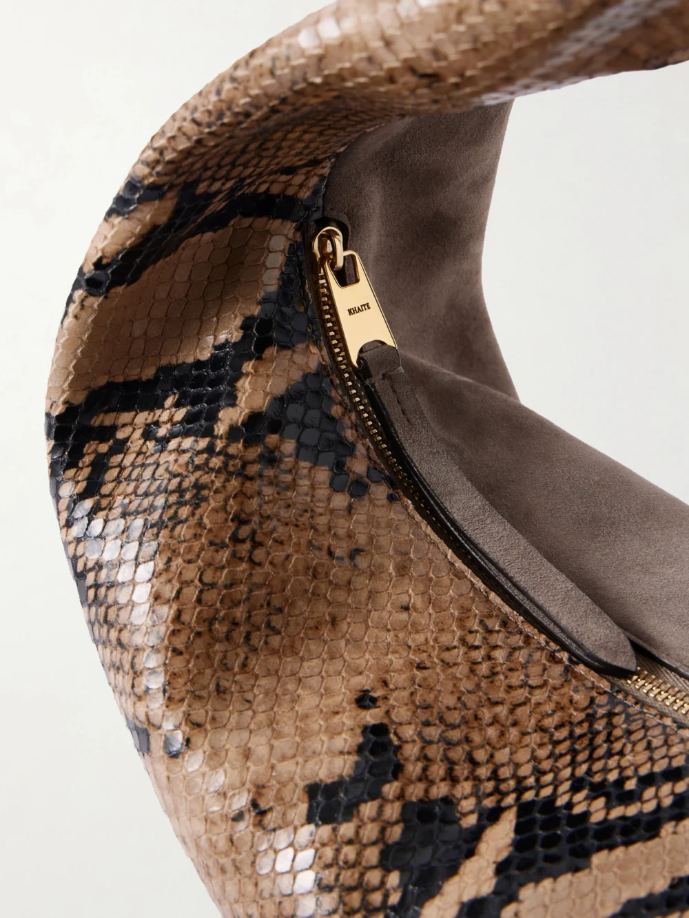Close-up detail of the Khaite Olivia Medium Snake-effect Leather and Suede Top-handle Bag