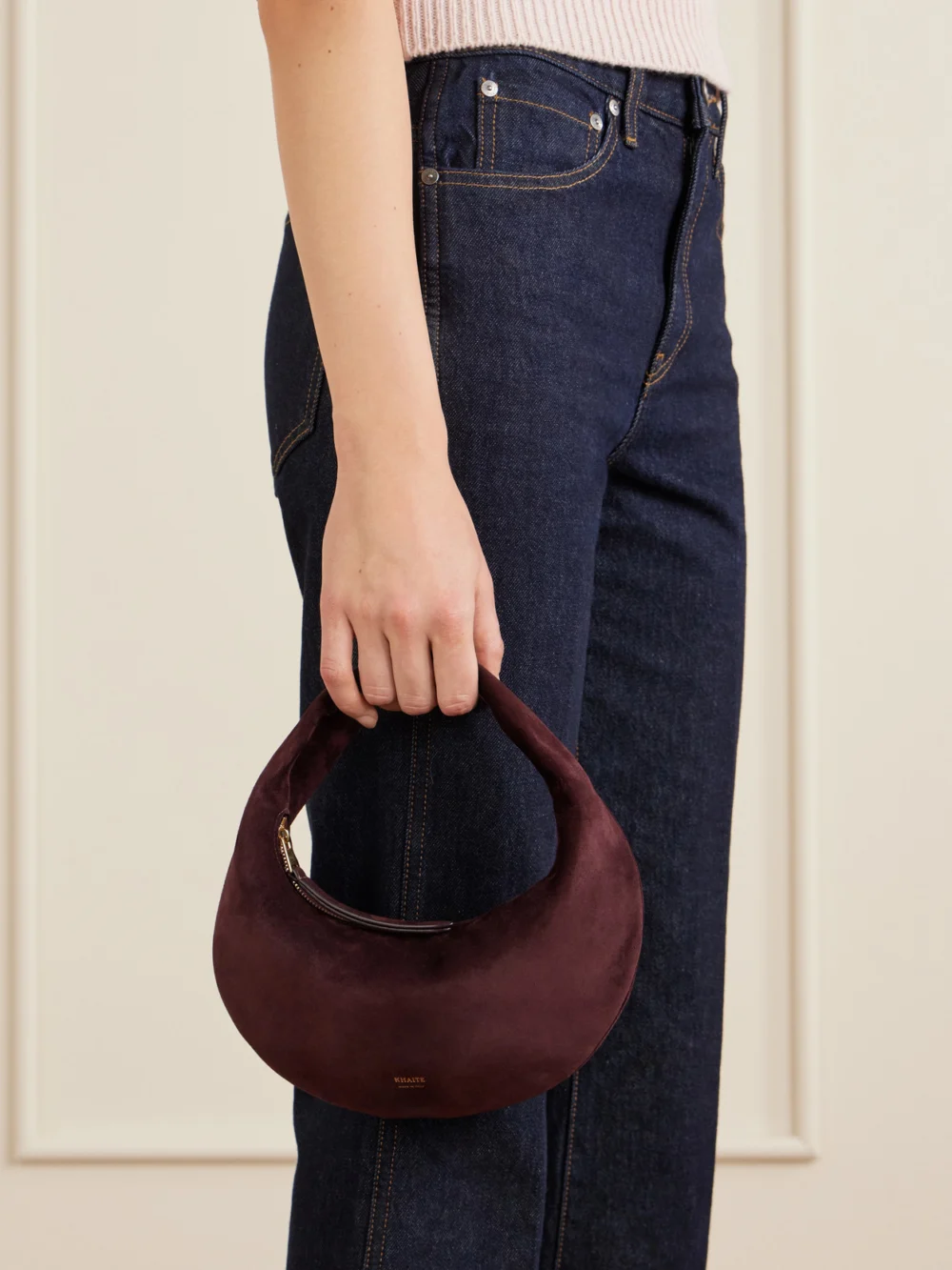 Khaite Olivia Mini Suede Top-handle Bag, styled view