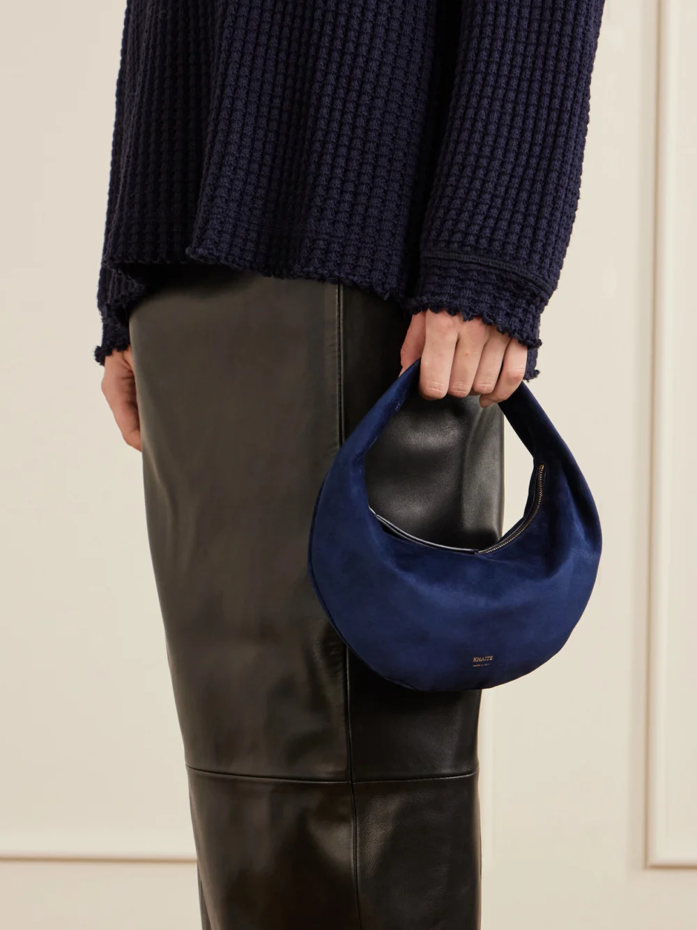 Khaite Olivia Mini Suede Top-handle Bag, styled view