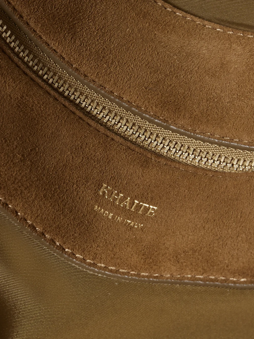 Close-up detail of the Khaite Olivia Sport Medium Suede-trimmed Shell Shoulder Bag