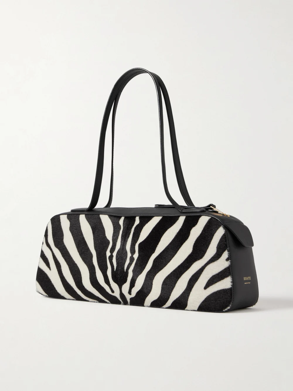 Back view of the Khaite Simona Leather-trimmed Zebra-print Calf Hair Shoulder Bag