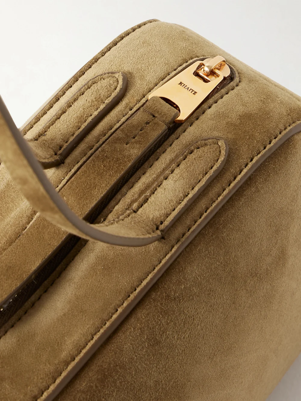 Close-up detail of the Khaite Simona Suede Shoulder Bag