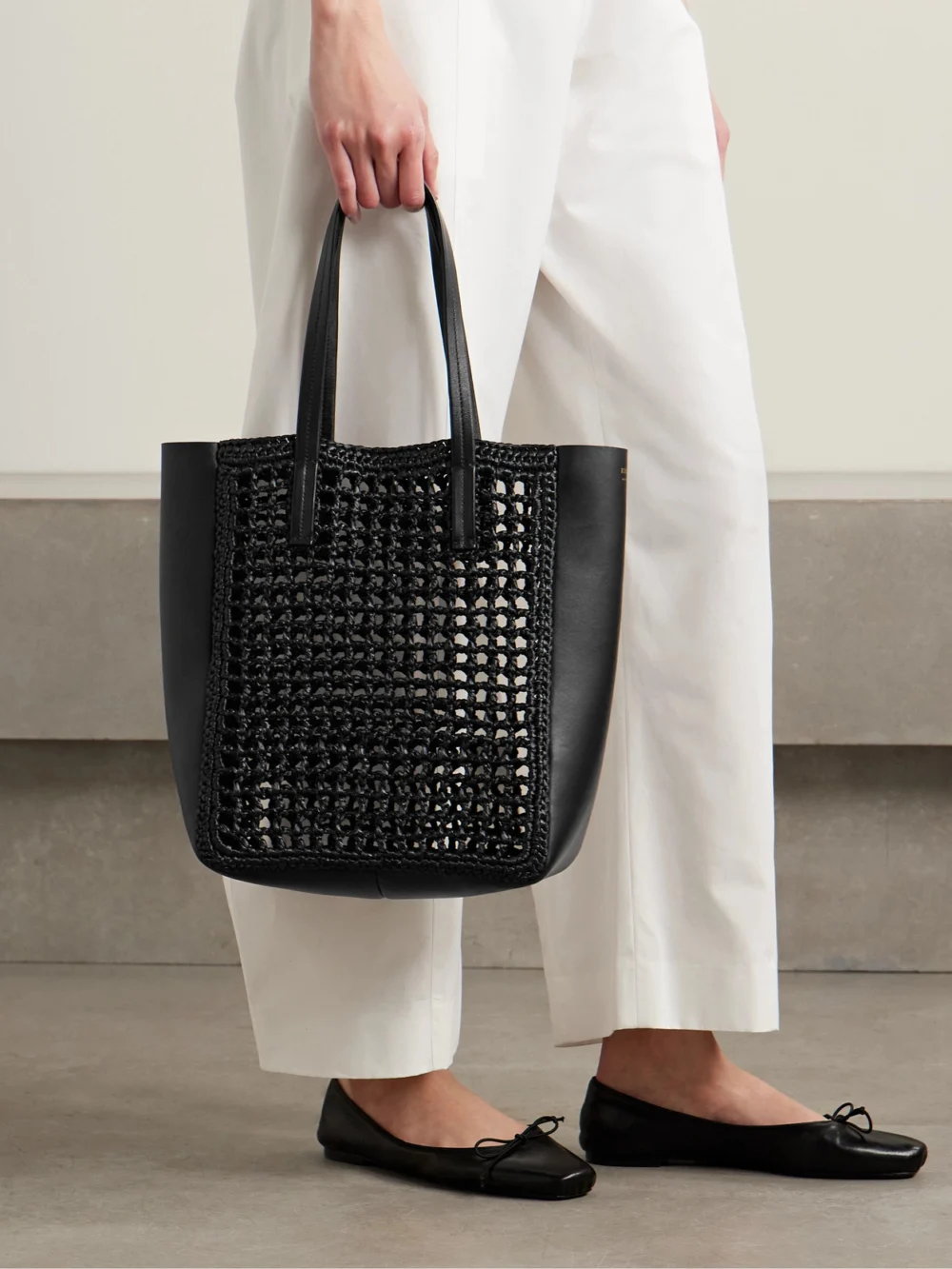 Khaite Zoe Small Leather and Raffia Tote, styled view
