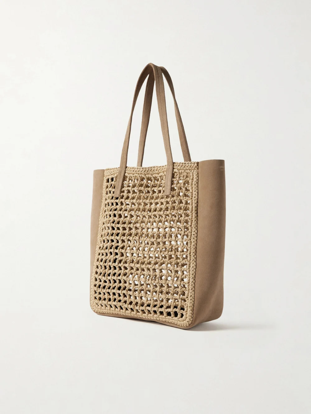 Back view of the Khaite Zoe Small Suede and Crocheted Raffia Tote
