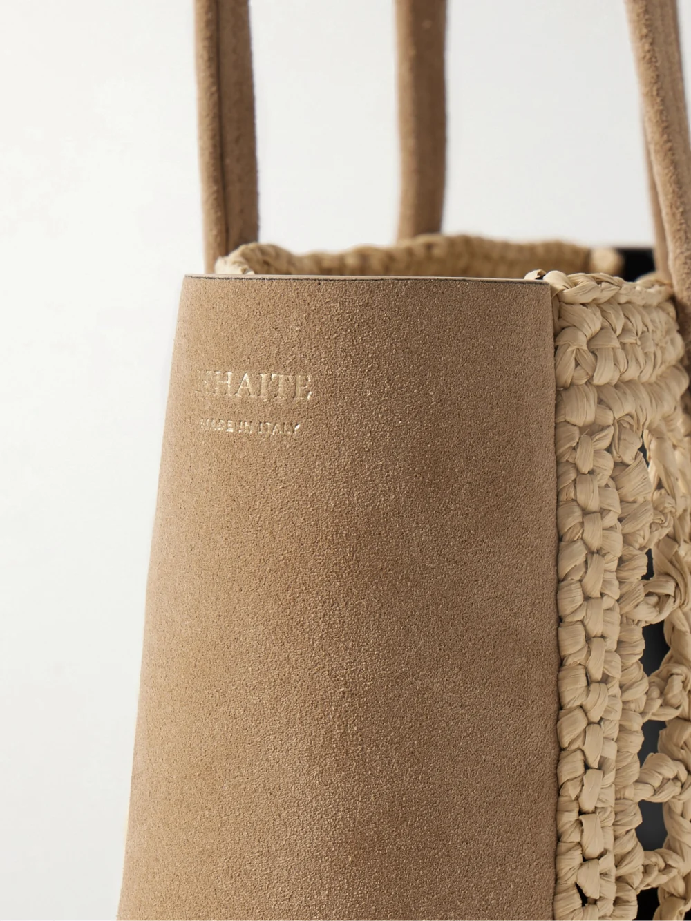 Close-up detail of the Khaite Zoe Small Suede and Crocheted Raffia Tote