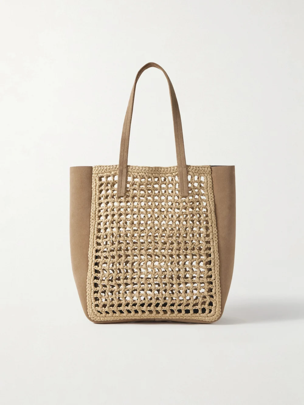 Khaite Zoe Small Suede and Crocheted Raffia Tote in neutral