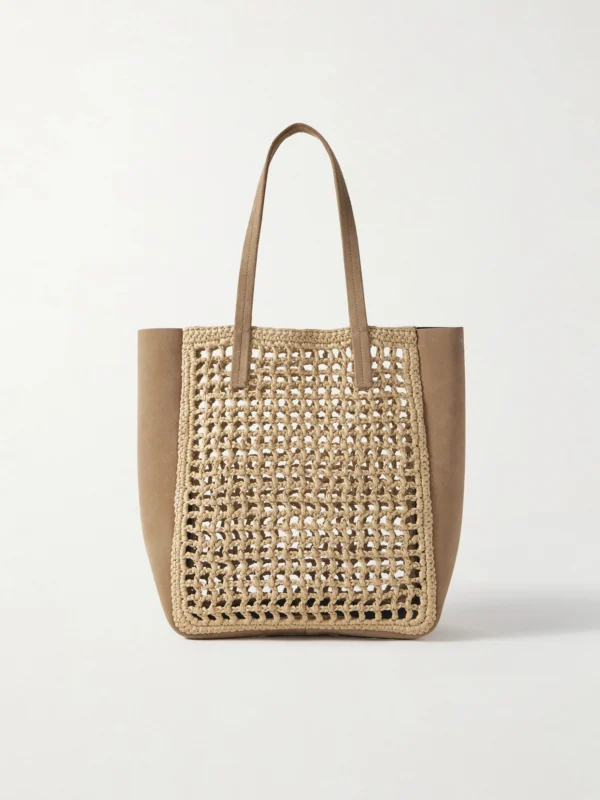 Khaite Zoe Small Suede and Crocheted Raffia Tote