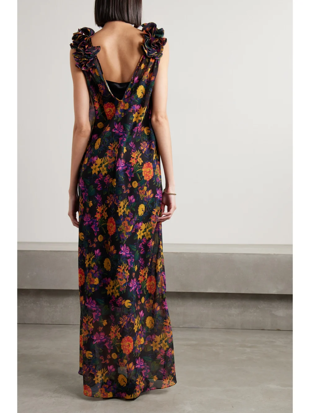 Back view of the Kika Vargas Dionne Ruffled Floral-print Chiffon Maxi Dress